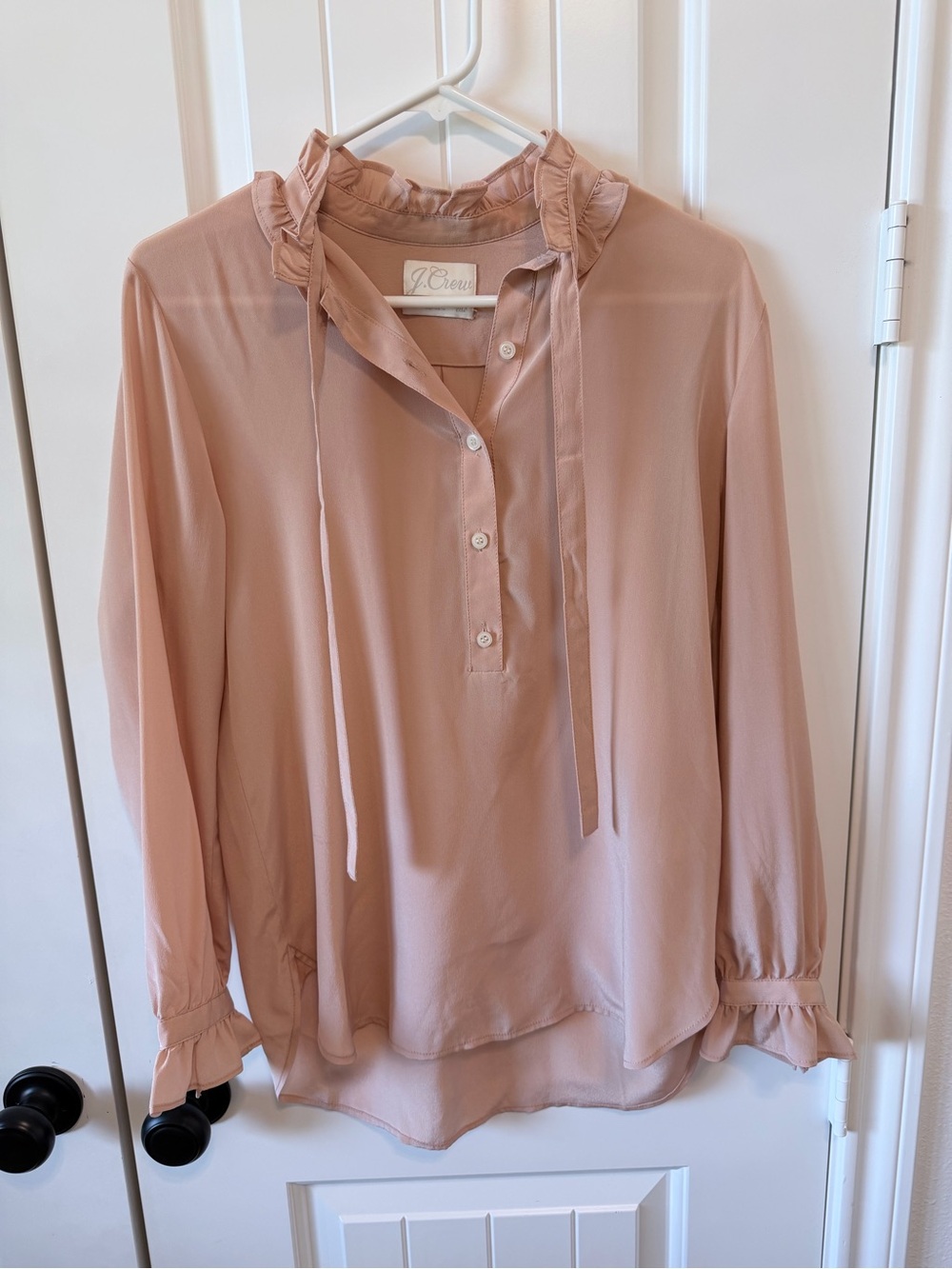 J.Crew 100% Silk Pink Ruffle Tie Neck Blouse Size 4